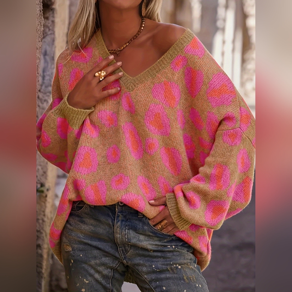 Pink and Tan Leopard Print Oversized V-Neck Sweater